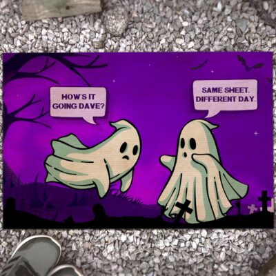 Alternative view of Same Sheet Different Day Funny Boo Ghost Halloween House Doormat - Outdoor Doormat