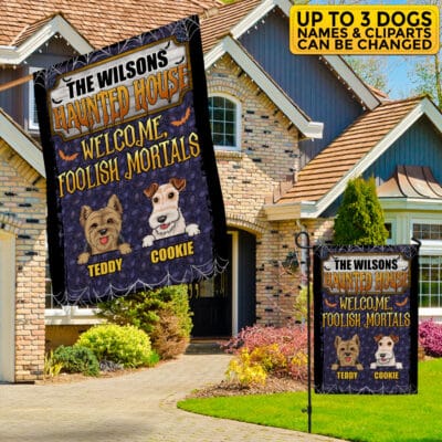 Personalized Dog Breeds Welcome Foolish Mortals Funny Halloween Outdoor House Flag - Home Garden Flag