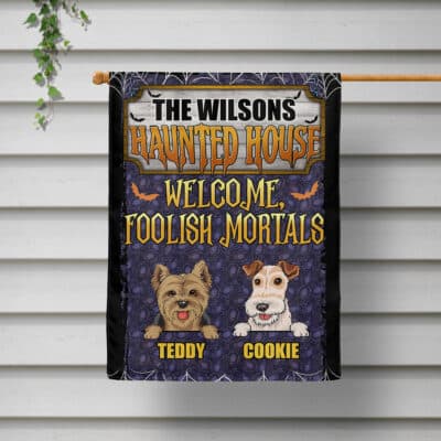 Alternative view of Personalized Dog Breeds Welcome Foolish Mortals Funny Halloween Outdoor House Flag - Home Garden Flag