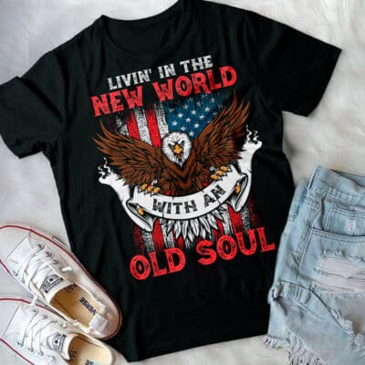 Alternative view of Living In The New World With An Old Soul Eagle American Flag T-Shirt