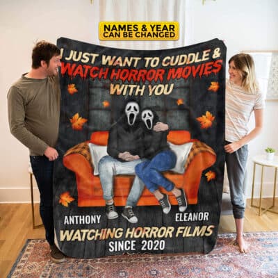 Alternative view of Personalized I Just Want To Cuddle And Watch Horror Movies Halloween Couple Fleece Blanket - Sherpa Blanket