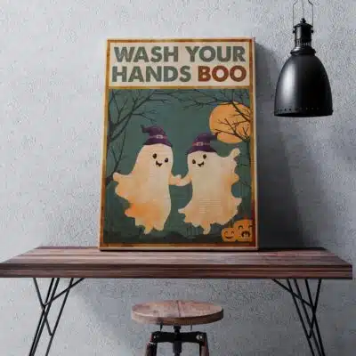 Wash Your Hands Boo Funny Bathroom Halloween Boo Ghost Couple Framed Canvas Print - Poster - Funny Bathroom Decor