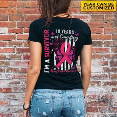 Personalized Years and Counting Survivor Breast Cancer Awareness Print On Back Shirt