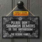 Custom Please Don't Summon Demons In The Bathroom Funny Halloween Rectangle Wooden Door Sign - Front Porch Sign