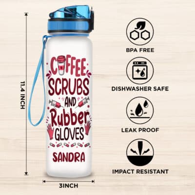 Alternative view of Custom Coffee Scrubs And Rubber Gloves Proud Nurse Gifts Motivational Water Tracker Bottle with Time Marker