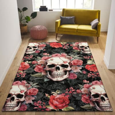 Alternative view of Skull Flower Rose Decoration Home Rug Mat - Skull Rug - Skull Home Floor Mat