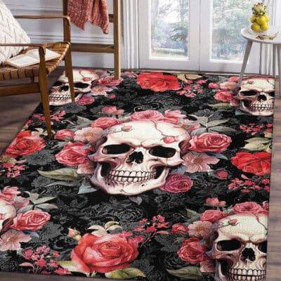 Skull Flower Rose Decoration Home Rug Mat - Skull Rug - Skull Home Floor Mat