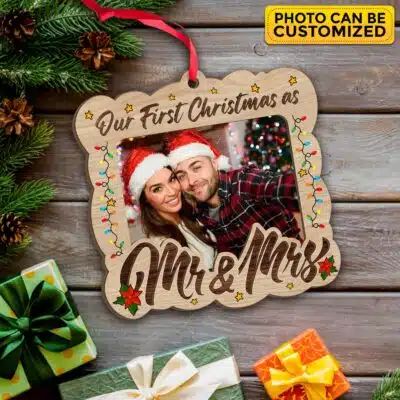 Personalized Our First Christmas As Mr And Mrs 2023 Couple 2 Layered Wood Christmas Ornament Keepsake