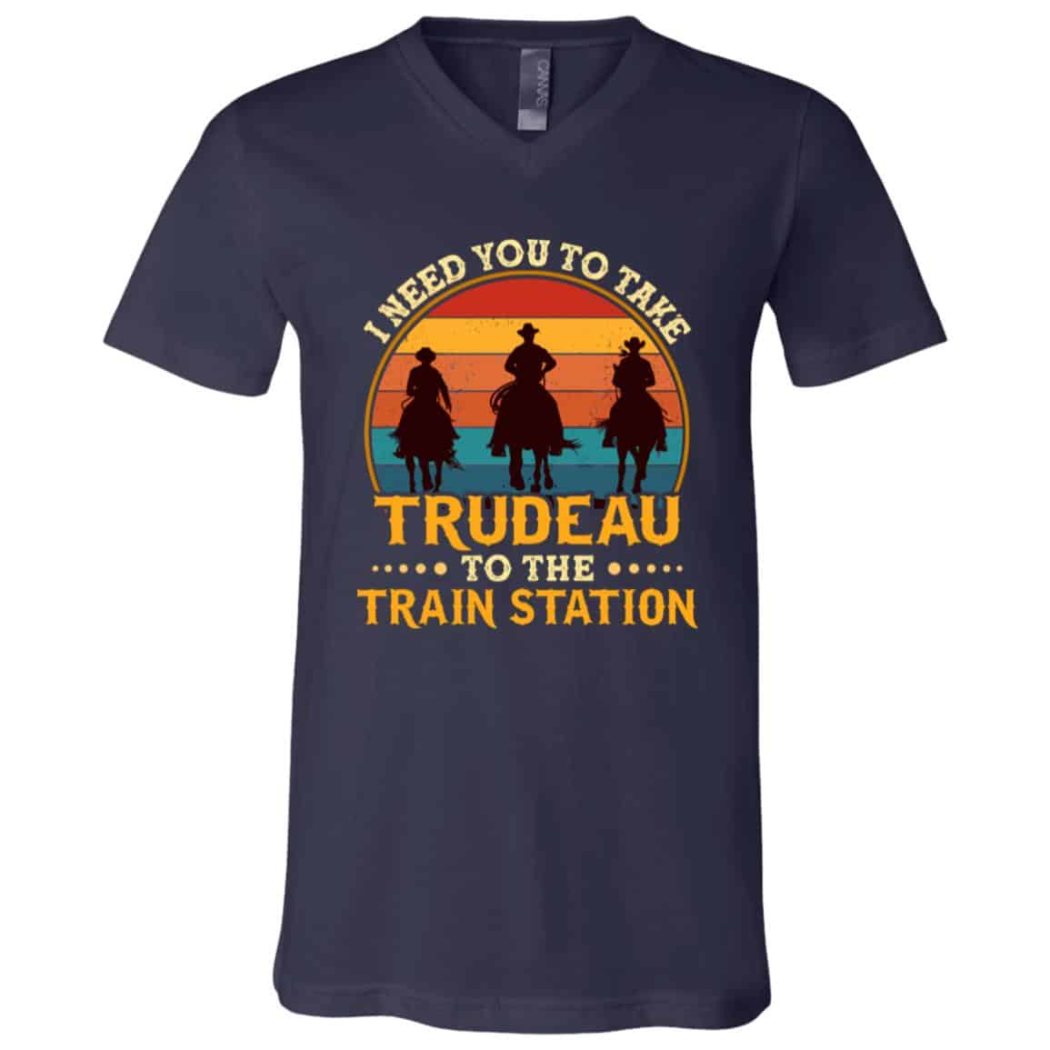 Trudeau To The Train Station, Navy, V-Neck T-Shirt