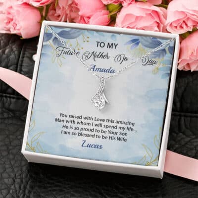 Personalized Name To My Future Mother-In-Law Saying I'm Blessed To Be His Wife Saying Love Card Pendant Necklace