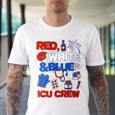Alternative view of Red White And Blue ICU Crew Funny T-Shirt - ICU Nurse 4th Of July Independence Day Shirt