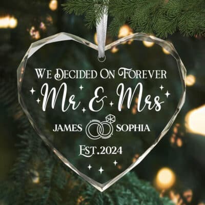 Personalized Wedding Mr and Mrs Gifts Glass Ornament - Wedding Gifts for Couples - 1st First Christmas Married Ornament 2024