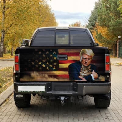 Alternative view of Trump Hugging an Orange Cat 2024 Make Cats Safe Again Truck Tailgate Decal Sticker Wrap