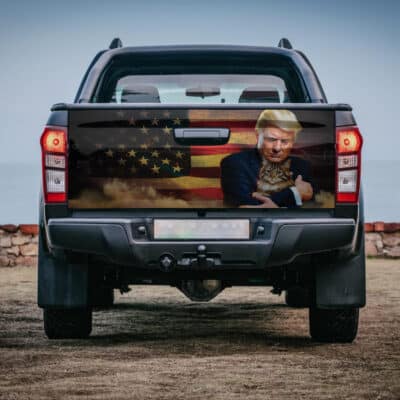 Trump Hugging an Orange Cat 2024 Make Cats Safe Again Truck Tailgate Decal Sticker Wrap