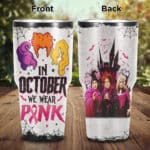 In October We Wear Pink Hocus Pocus Halloween Breast Cancer Awareness Insulated Tumbler Cup With Lid and Straw