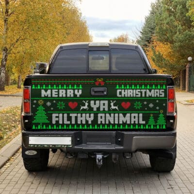 Alternative view of Merry Christmas Ya Filthy Animal Funny Ugly Christmas Truck Tailgate Decal Sticker Wrap