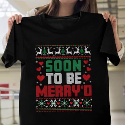 Soon To Be Merry Funny Engaged Couple Matching Ugly Christmas T-Shirt - V-Neck