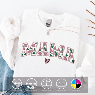 Alternative view of Custom Heart with Roses Mama Embroidery T-Shirt Sweatshirt, Grandma Gifts – Custom Mama Sweatshirt, Mother’s Day