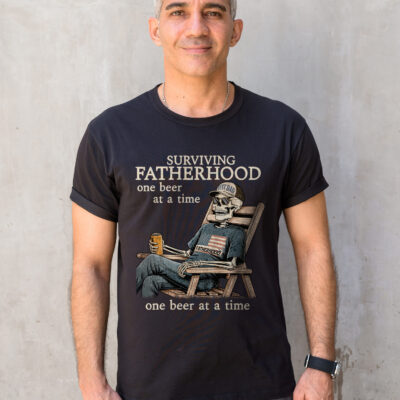 Alternative view of Surviving Fatherhood One Beer At A Time Funny Skeleton Father's Day T-Shirt