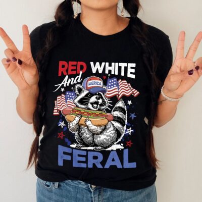 Alternative view of Red White And Feral Funny Raccoon 4th Of July T-Shirt