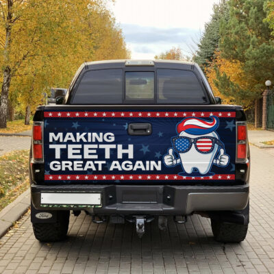 Alternative view of Making Teeth Great Again Funny Trump 4th Of July American Flag Truck Tailgate Decal Sticker Wrap