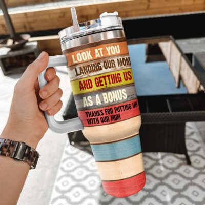 Alternative view of Look At You Landing Our Mom And Getting Us As A Bonus Funny Step Dad Insulated Tumbler Cup With Handle and Straw