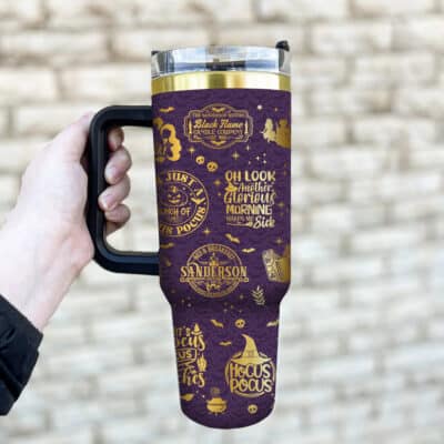 Hocus Pocus Tumbler with Handle 40oz Gold Silver Engraving Stainless Steel - Halloween Gifts for Movie Lovers, Sanderson Sister Gifts