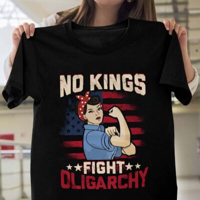 No Kings Fight Oligarchy Woman's Girl American Flag T-Shirt - V-Neck Shirt