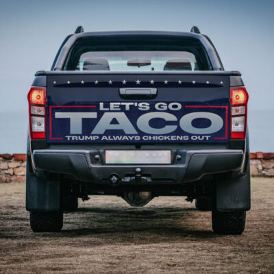 Alternative view of Let's Go Taco Trump Always Chicken Out Political Truck Tailgate Decal Sticker Wrap