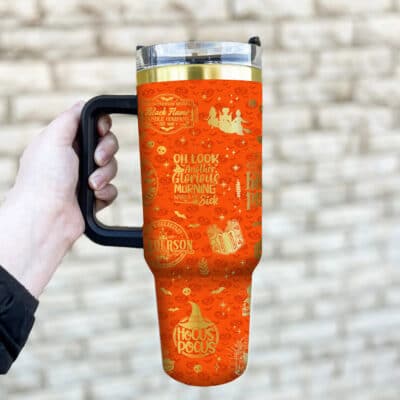 Orange Hocus Pocus Tumbler with Handle 40oz Gold Silver Engraving Stainless Steel - Halloween Gifts for Movie Lovers, Sanderson Sister Gifts