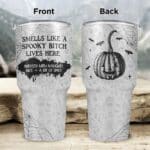 Smells Like A Spooky Bitch Lives Here Funny Halloween Insulated Tumbler Cup With Lid and Straw