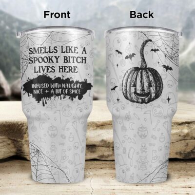Smells Like A Spooky Bitch Lives Here Funny Halloween Insulated Tumbler Cup With Lid and Straw