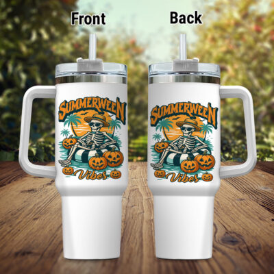 Summerween Vibes Funny Skull Halloween Insulated Tumbler Cup With Handle and Straw