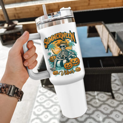Alternative view of Summerween Vibes Funny Skull Halloween Insulated Tumbler Cup With Handle and Straw