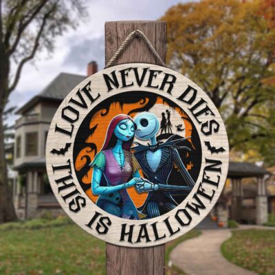 Alternative view of Love Never Dies This Is Halloween Jack And Sally Decorative Circle Wooden Door Sign - Front Porch Sign Indoor Outdoor