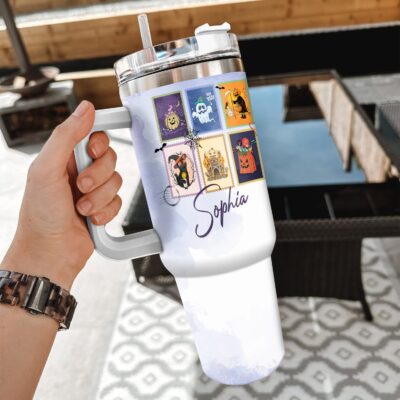 Alternative view of Personalized Name Halloween Stamps Cute Ghost Pumpkin Cat Fall Insulated Tumbler Cup With Handle and Straw