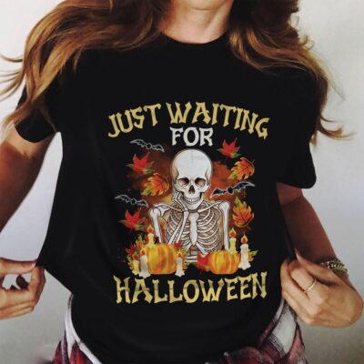 Just Waiting For Halloween Funny Skeleton T-Shirt - V-Neck Shirt