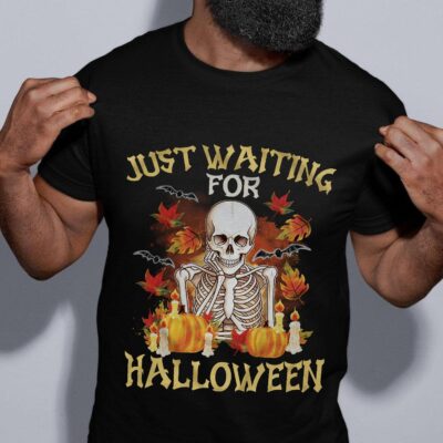 Alternative view of Just Waiting For Halloween Funny Skeleton T-Shirt - V-Neck Shirt