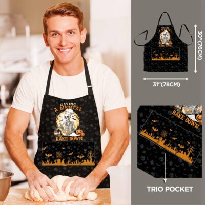 Having a Mental Bake Down Funny Skeleton Baking Cooking  Apron With 3 Pockets - Adjustable Neck Strap Fits All Sizes