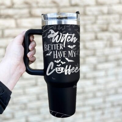 Alternative view of Witch Better Have My Coffee Funny Halloween Insulated Tumbler Cup With Handle and Straw