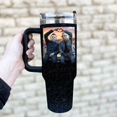 Michael And Jason Heart Hands Funny Halloween Horror Movie Insulated Tumbler Cup With Handle and Straw