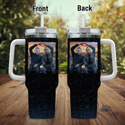 Alternative view of Michael And Jason Heart Hands Funny Halloween Horror Movie Insulated Tumbler Cup With Handle and Straw