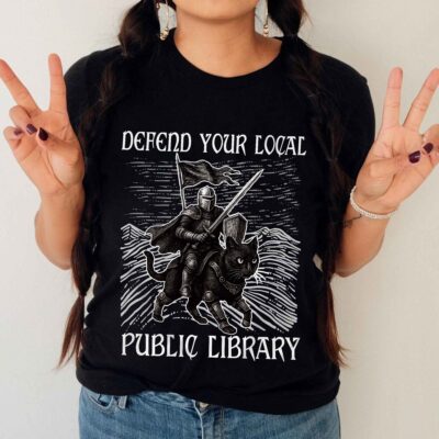 Alternative view of Defend Your Local Public Library Funny Knight Riding Black Cat T-Shirt