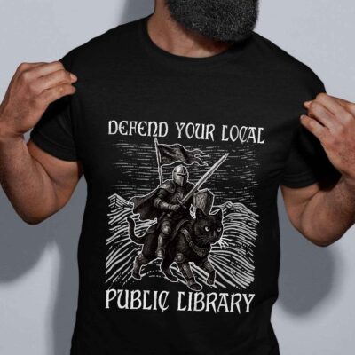 Defend Your Local Public Library Funny Knight Riding Black Cat T-Shirt