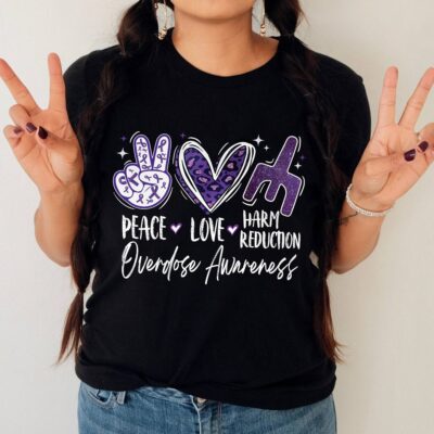 Peace Love Harm Reduction Overdose Awareness Purple Ribbon T-Shirt - V-Neck Shirt - Youth Shirt For Kids