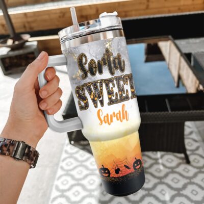 Personalized Sorta Sweet Spooky Pumpkin Halloween Insulated Tumbler Cup With Handle and Straw