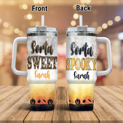 Alternative view of Personalized Sorta Sweet Spooky Pumpkin Halloween Insulated Tumbler Cup With Handle and Straw