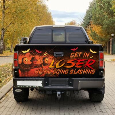 Alternative view of Get In Loser We're Going Slashing Funny Horror Halloween Characters Truck Tailgate Decal Sticker Wrap