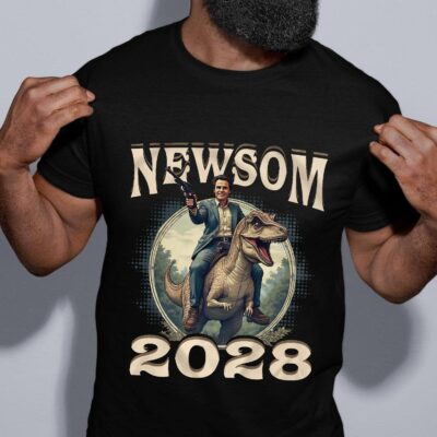 Gavin Newsom 2028 Funny Riding Dinosaur Patriotic Political T-Shirt