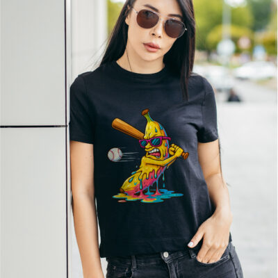 Banana Playing Baseball Dripping Funny T-Shirt - V-Neck - Baseball Lover Youth Shirt For Kids